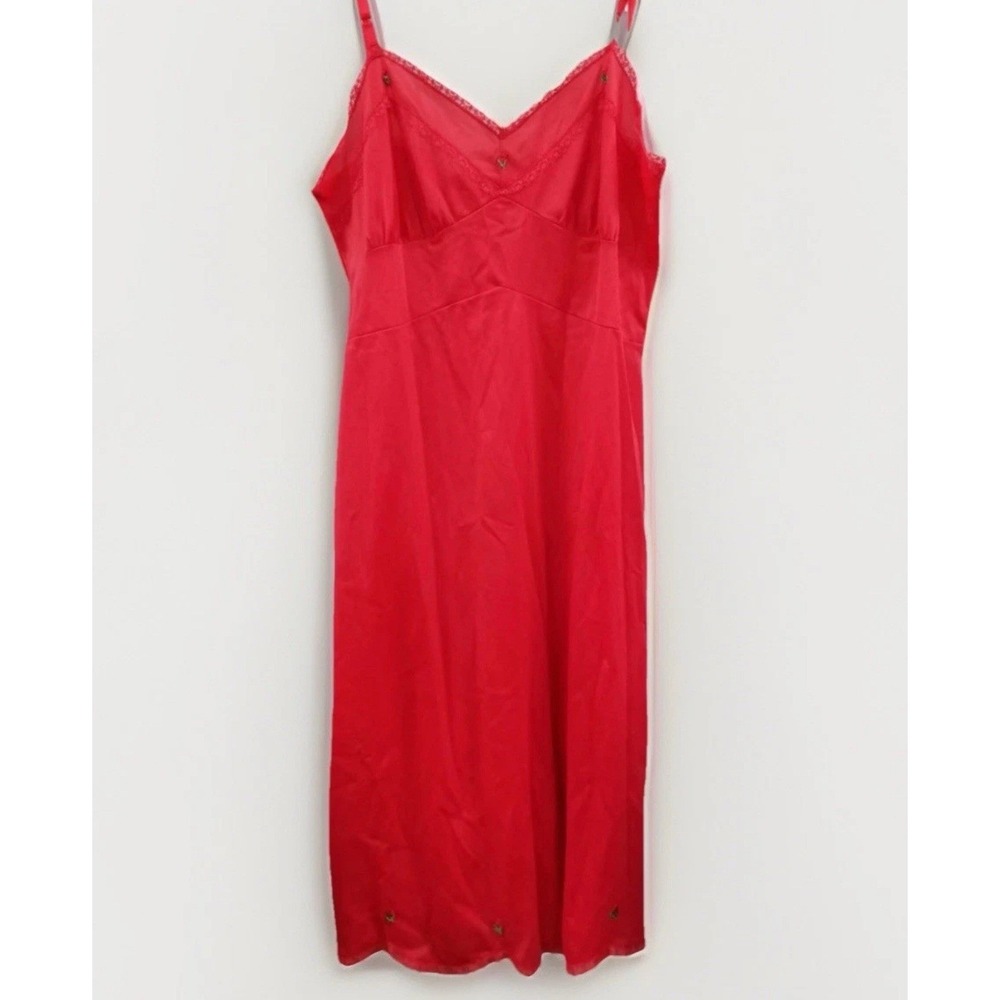 Vtg Red Satin Midi Slip Dress Lace Trim Rosebud Embroidery Coquette Sleeveless‎